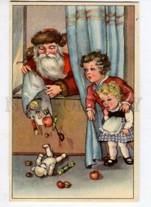 261918 SANTA CLAUS & Kids w/ WHITE TEDDY BEAR vintage NEW YEAR