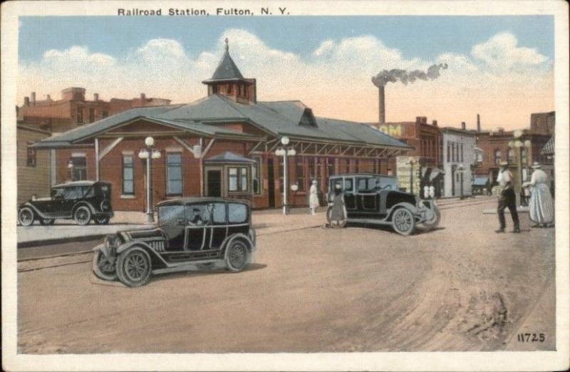 Fulton NY Cars at RR Train Station Depot c1920 Postcard