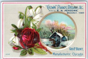 c1880s Waverly, Iowa Piano Dealer Trade Card Persons Crown Geo Bent Organ C3