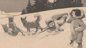 Merry Christmas Sled Dogs Children Fur Full Moon Gibson c1915s postcard H72 