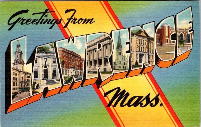 MA, Massachusetts  LAWRENCE LARGE LETTER LINEN Greetings  ca1940's Postcard