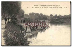 Postcard Old Fishing Fisherman Charenton St Maurice the Banks of the Marne Th...