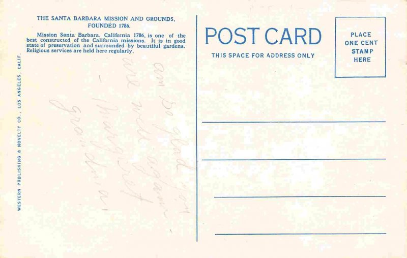 Santa Barbara Mission California 1920c postcard