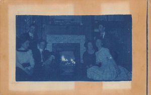 J75/ East Lansing Michigan RPPC Postcard c1910 Blue Tint Fireplace Student? 151