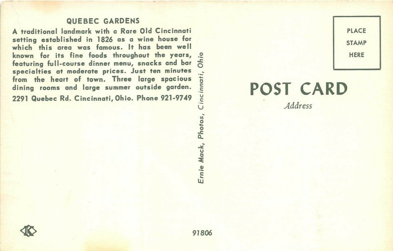 Cincinnati Ohio 1960s Postcard Quebec Gardens Restaurant