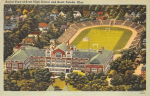 Toledo Ohio 1952 Postcard Aerial View Scott Field Football Field Stadium