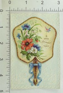 St. Nicholas Embossed Christmas Card Lady's Fan Flowers Butterfly Fabulous! P104