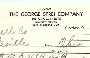 1939 THE GEORGE SPREI COMPANY CLEVELAND OH DRESSES COATS BILLHEAD INVOICE Z2717