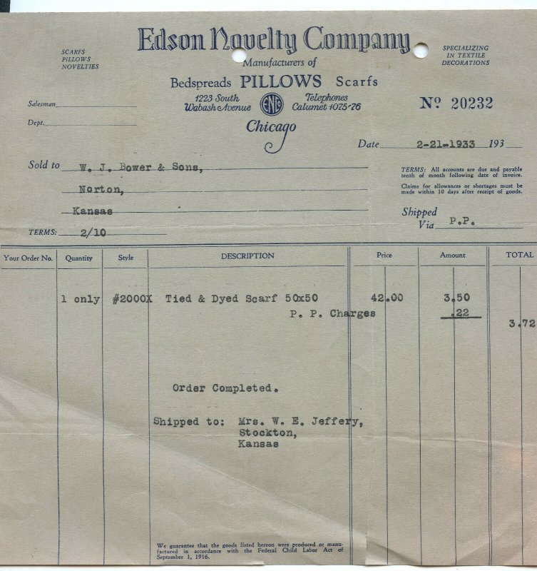 Edson Novelty Company Chicago Vintage 2-21-1933 Invoice 