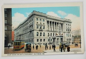 Baltimore Maryland Court House and Battle Monument Trolley Old Cars Postcard Q18