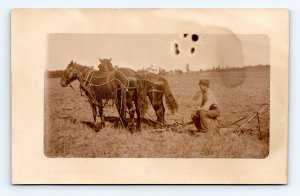 RPPC Horse Drawn Plow Farming Scene Agriculture UNP Postcard Q7