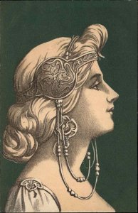 Art Nouveau Beautiful Woman Profile Jeweled Hair Piece c1905 Postcard