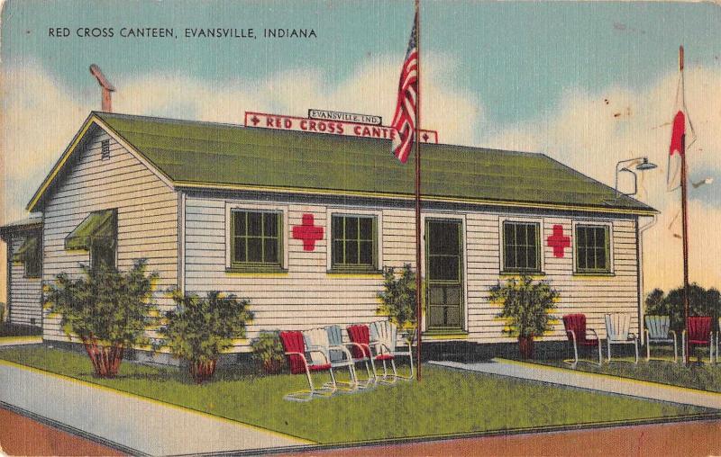 Evansville Indiana outside view Red Cross Canteen linen antique pc (Y9789)