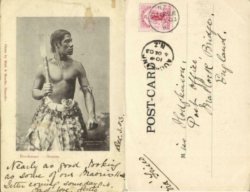 samoa, Armed Native Headsman with Nifo'oti, Cane Knife (1903) Postcard