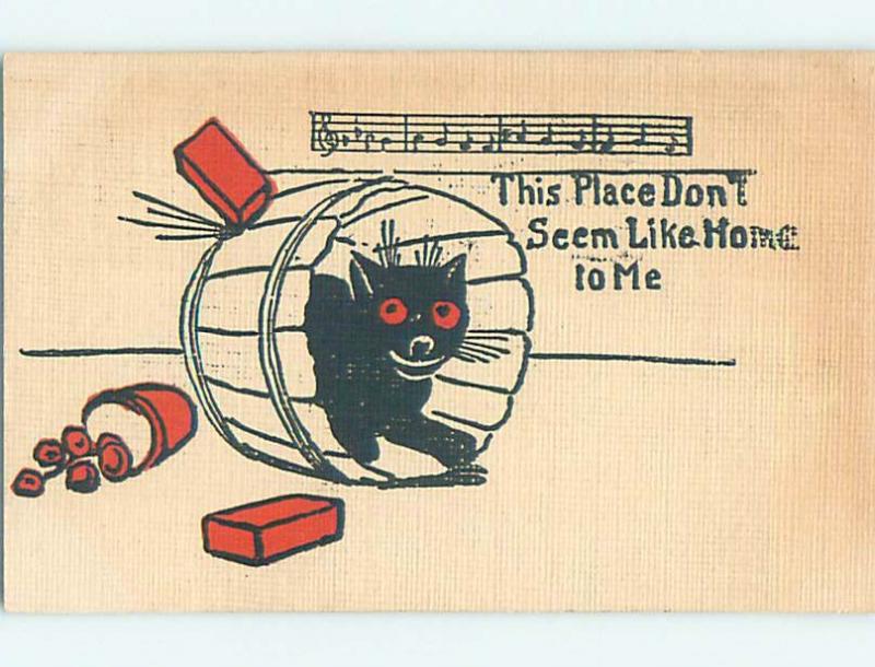 Pre-Linen comic KITTEN CAT INSIDE BARREL IS PROTECTED FROM FLYING BRICK HL2245