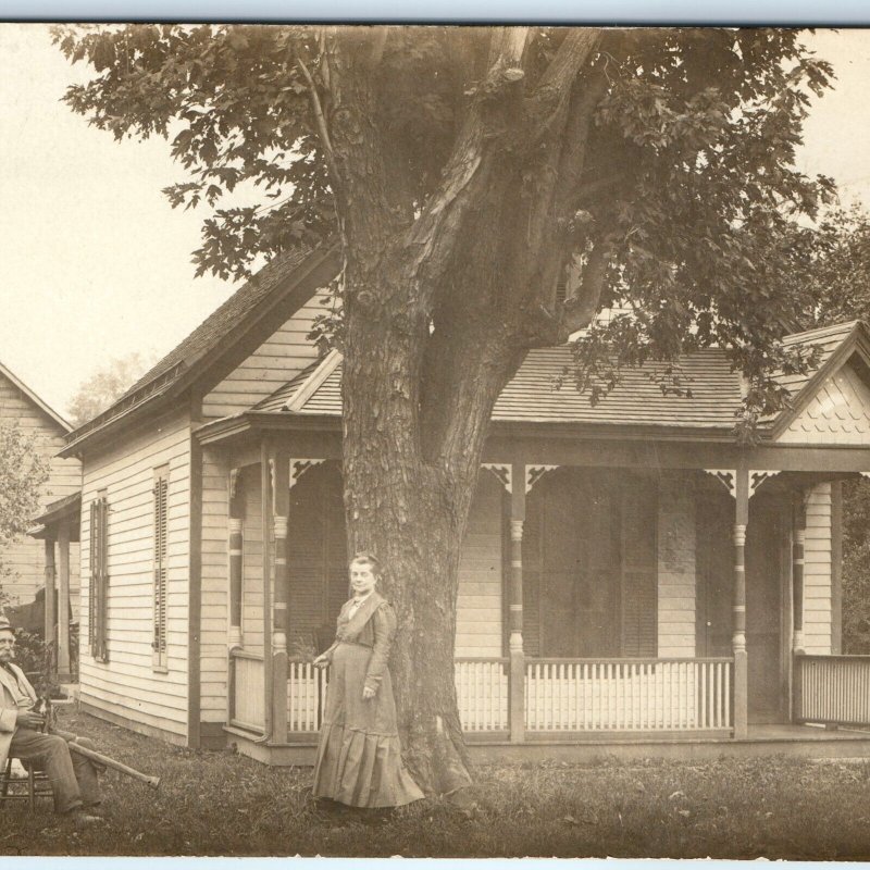 c1910s Man Adorable Little Dog RPPC Cute Small House Woodwork Photo Puppy  A174