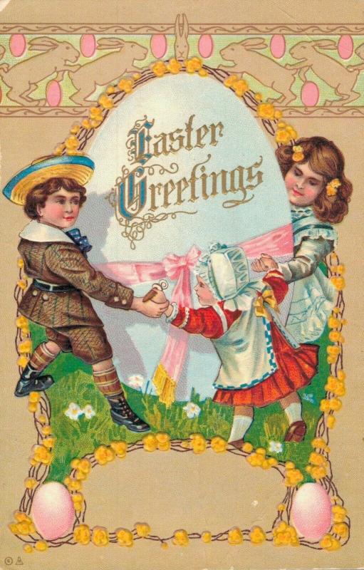 Easter Greetings - With Kids Embossed Vintage Postcard 02.34