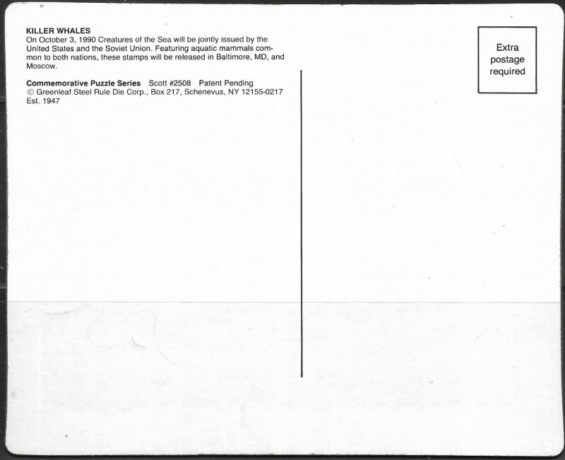 USPS 1990 Killer Whale Jigsaw Puzzle & Postcard