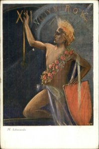 Polish - Semi Nude Man w/ Shield - Clock NOWY ROK - Ichnowski c1910 Postcard