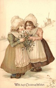 1906 Beautiful Ernest Nister, German Publ, Christmas, Little Girls ,Old Postcard