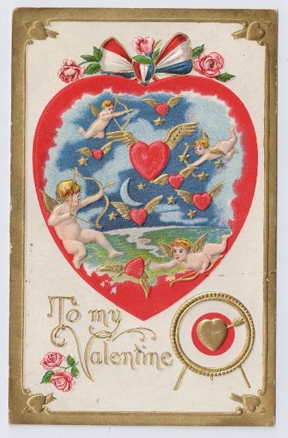 Cherubs Cupid Winged Flying Hearts Embossed Gold Unused Vntg Valentine Postcard