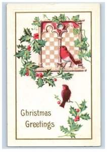 Circa 1910 Christmas Missletoe Red Birds Vintage Postcard P108E