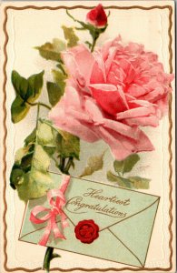 Vtg 1910s Heartiest Congratulations Pink Rose Embossed Postcard