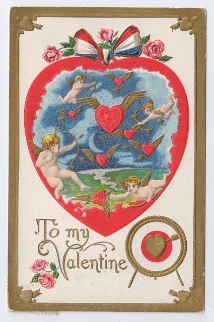 Cupid Cherub Flying Winged Hearts 1908 Gold Embossed Vintage Valentine Postcard