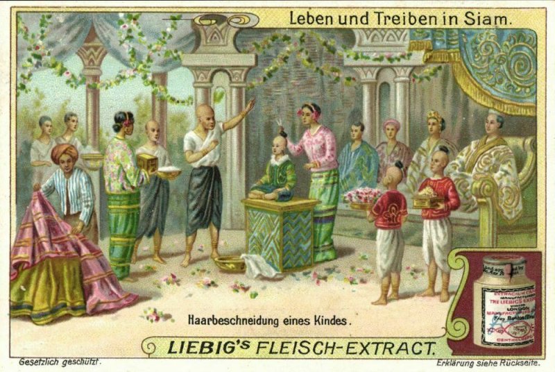 siam thailand, Hair Cutting of a Young Child (1899) Liebig Trade Card