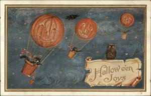 Halloween JOL Pumpkin Head Hot Air Balloons c1910 Postcard