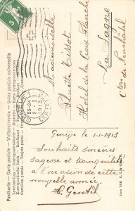L375 New Year Greetings 1913 Girl horseshoe mistletoe luck vintage postcard