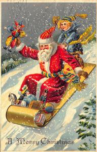 Christmas Santa Claus Red Robed Toboggan Embossed Postcard 515161