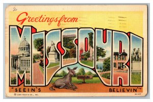 Greetings From MISSOURI Seein's Believin Vtg LARGE Ltr Standard View Postcard