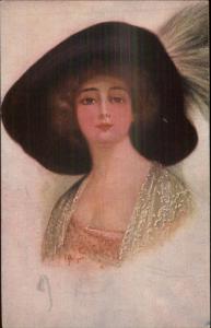 GOLGAN - Beautiful Woman Large Black Hat & Feather 1910 Postcard