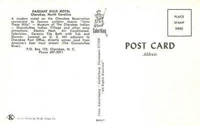 PAGEANT HILLS MOTEL Cherokee, North Carolina Roadside c1960s Vintage Postcard 