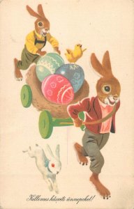 Easter greetings Hungary drawn humanized rabbits pulling penciled eggs c.1961