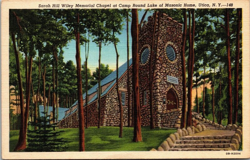 Utica NY Sarah Hill Wiley Memorial Chapel Camp Round Lake Masonic Home Postcard