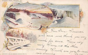 NIAGARA FALLS WINTER NEW YORK GOAT ISLAND SUNSET ROCK OF AGES POSTCARD 1904