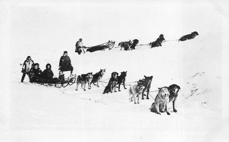 RPPC SCOTTY ALLEN AND HIS DOG TEAM NOME ALASKA REAL PHOTO POSTCARD (c. 1910)