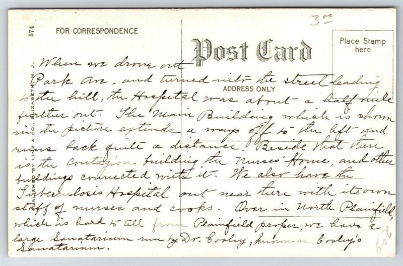 Muhlenberg Hospital Plainfield NJ Campus Description On Back C1910s Postcard S7