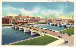 Vintage Postcard 1945 River Roadway Bridges Company Buildings Des Moines Iowa IA