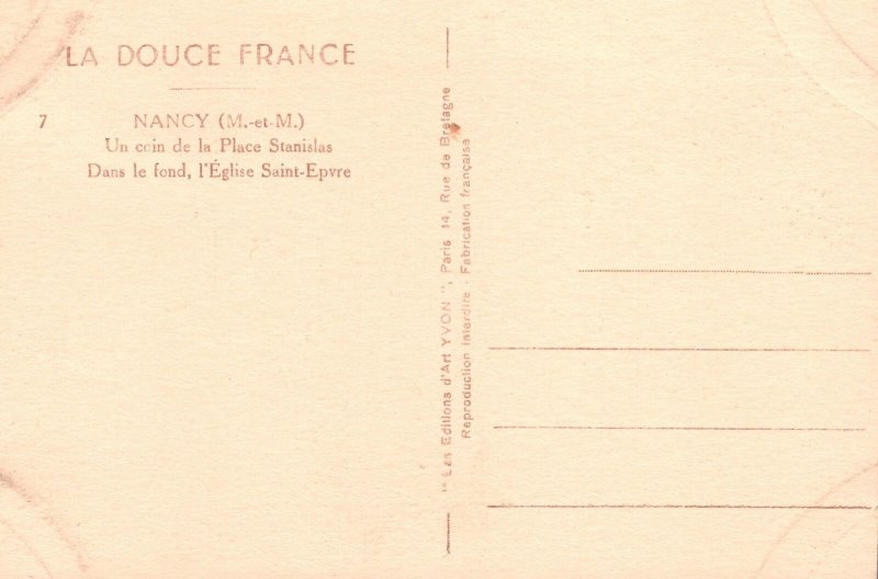 Vintage Postcard 1910's Nancy Corner Place Stanislas Saint Epvre Church France