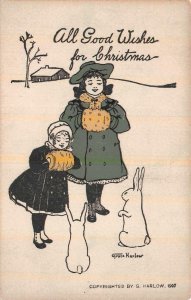 CHRISTMAS HOLIDAY CHILDREN BUNNY RABBIT GRACE HARLOW ARTIST SIGNED POSTCARD 1907