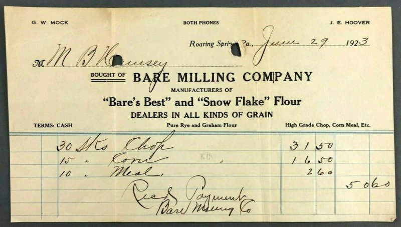 1923 Bare Milling Co Roaring Sprin PA Snow Flake Flour Grain Farming Receipt 