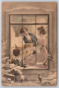MM Vienne~Seen Thru Window~Lady Plays Piano For Family~c1910 Vintage Postcard