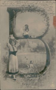 B578 Alphabet letter B charming woman and children fantasy surrealism postcard