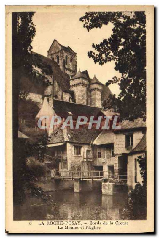 Old Postcard La Roche Posay banks of the Creuse and the Mill Church