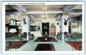 SAN BERNARDINO, California CA~ Lobby Interior HOTEL ANTLERS 1940s Linen Postcard