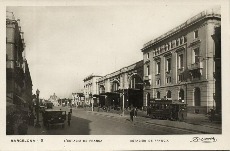 spain, BARCELONA, Estacion de Francia, Station, Tram (1930s) RPPC Postcard