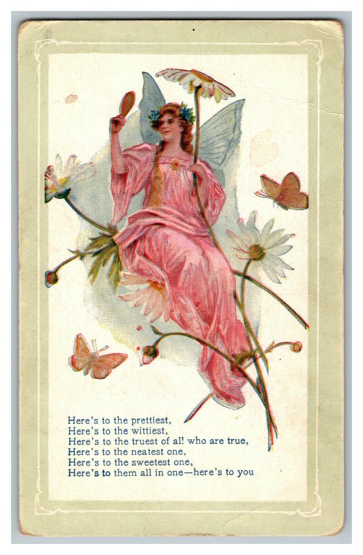 Postcard Here's To The Prettiest Poem Woman Butterflies Vtg. Standard View Card